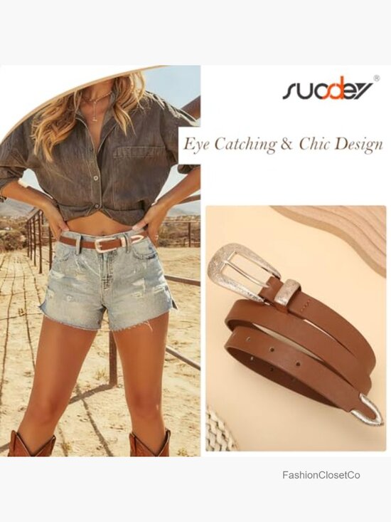 Western Skinny Vegan Leather Belt with Carved Buckle for Women - 0.8\